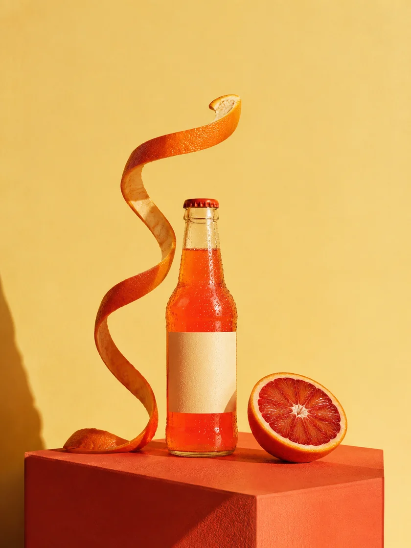 Illustrative citrus soda campaign: an orange bottle, a sculptural curl of peel, and warm sunshine